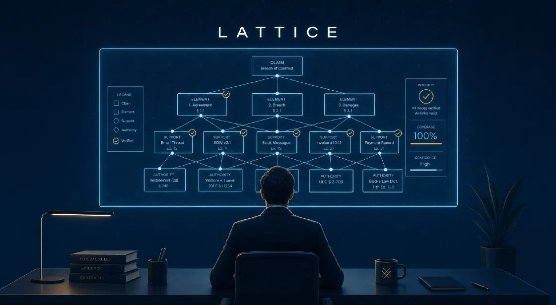 An attorney viewing a connected legal proof graph at a desk