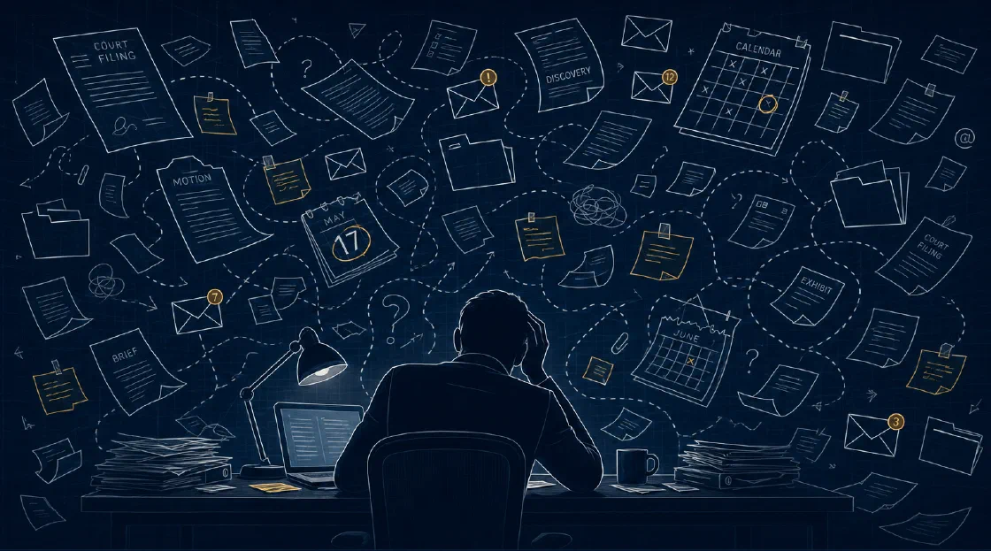An attorney surrounded by scattered filings, messages, calendars, and notes